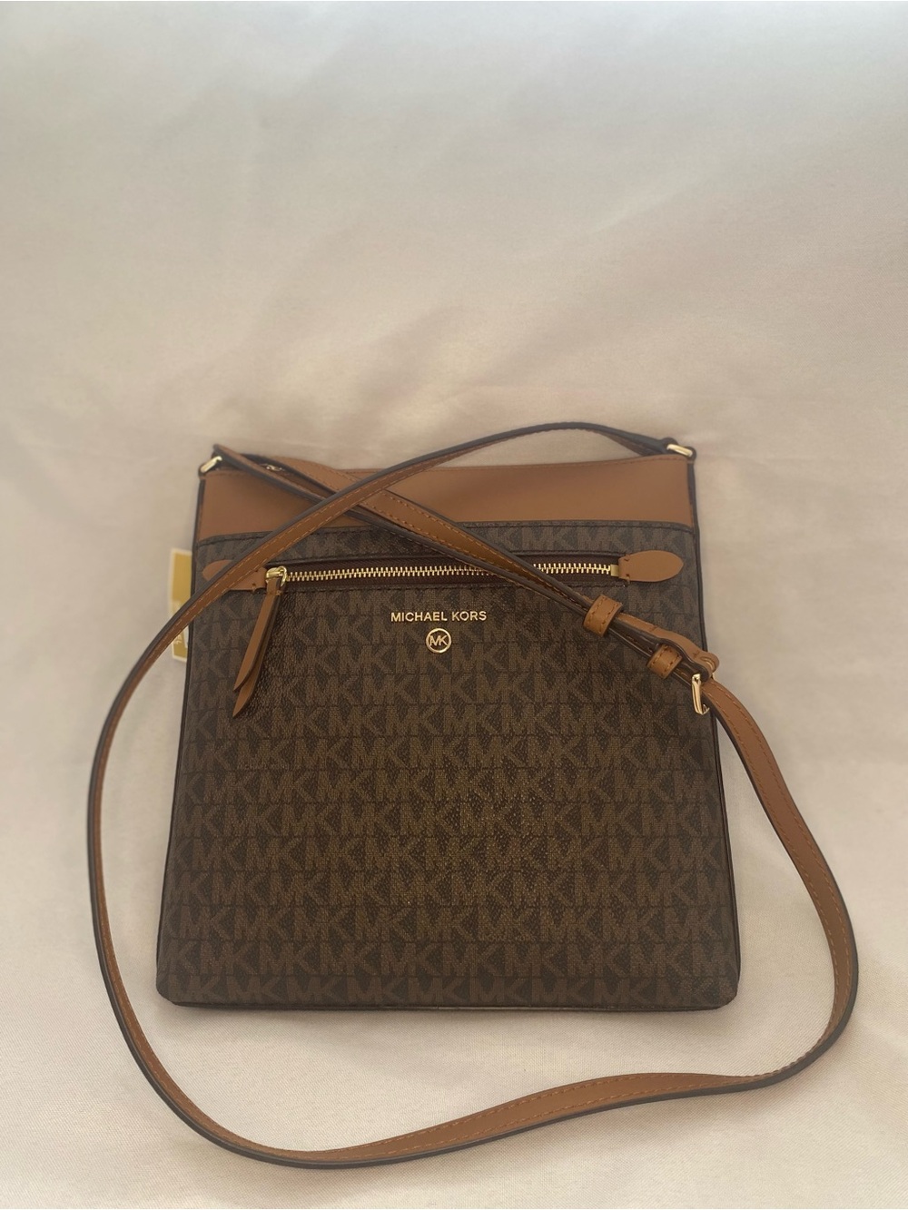 Michael Kors Brown Monogram Crossbody with Tan Trim and Gold Hardware